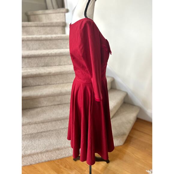 Glamour Bunny 50s Red Fit Flare Satin Trim Asymmetric Neck Tea Length Dress - Picture 2 of 7